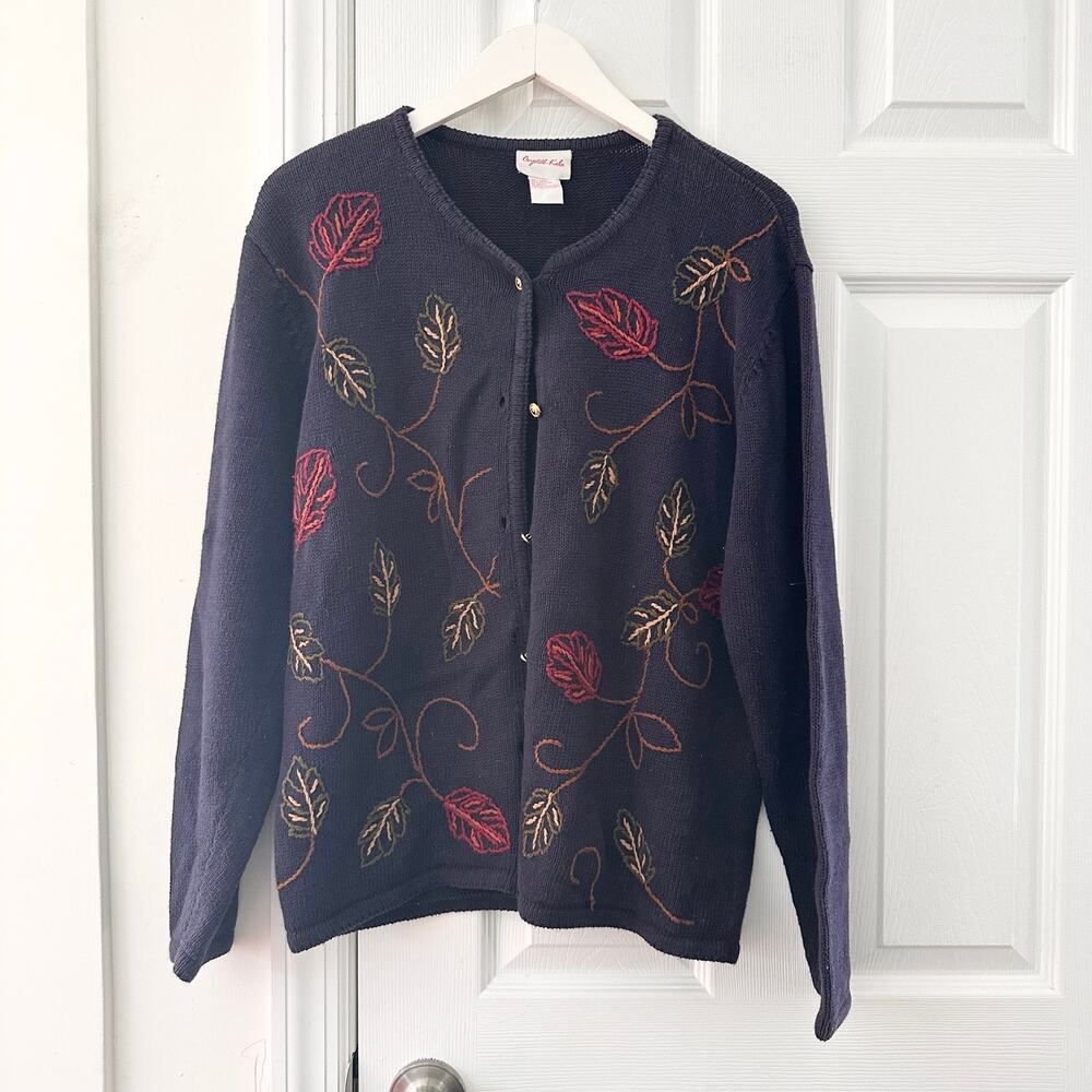 Crystal Kobe Ramie Cotton Vintage Blue Embroidered Leaves Autumn Cardigan Medium